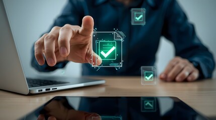 Professional verifying digital document success with glowing checkmark interface on modern desk