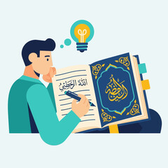 Man studies arabic calligraphy in open book with lightbulb above head, symbolizing knowledge and inspiration in a bright, minimalist style.