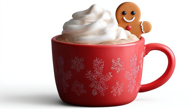 Mug of hot chocolate with a gingerbread man on top. The mug is red and has a snowflake design - Powered by Adobe