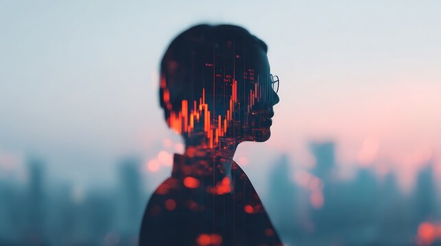 A silhouette of a person with a digital data overlay, symbolizing the intersection of human thought and technology against a cityscape background.