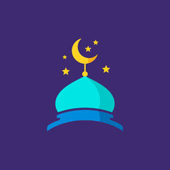 Mosque dome shines with crescent moon and stars against a deep purple sky, symbolizing faith and spirituality during ramadan celebrations.