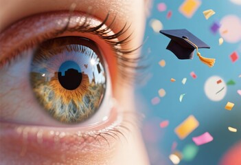 Brown iris reflecting black graduation cap with multicolored confetti celebratory bokeh