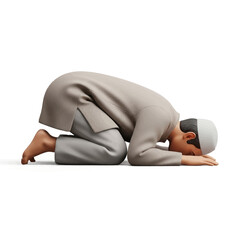 Muslim man prostrates in prayer on white floor, demonstrating faith and devotion in a quiet, spiritual moment, representing islamic tradition and submission.