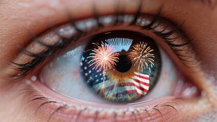 Blue green iris reflecting colorful fireworks above American flag in sharp macro