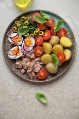 Plate with ingredients for nicoise salad or french salad with tuna, vertical shot on a beige stone background, above view
