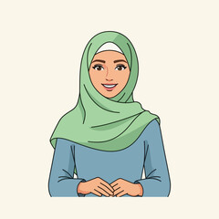 Smiling muslim woman wearing hijab sitting at desk in office, exuding confidence and professionalism in a modern workplace environment.