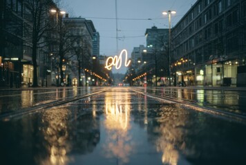 Empty city street at night with wet pavement reflecting streetlights and buildings