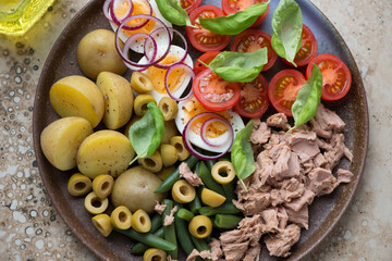 Nicoise with tuna, baby potatoes, cherry tomatoes, green beans, hard-boiled eggs and olives on a brown plate, middle closeup, horizontal shot