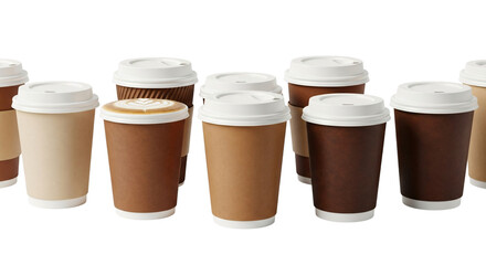 A collection of disposable coffee cups with lids in various brown shades, isolated on transparent background