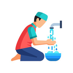 Muslim man performing ablution ritual before prayer in mosque with clean water flowing from tap, symbolizing purification and devotion.