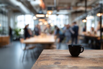 Empty coffee cup on wooden table in busy modern cafe with blurred