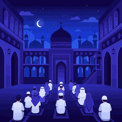 People praying in mosque courtyard under moonlight during ramadan, creating a serene and spiritual atmosphere.