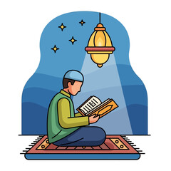 Muslim Man Reading Quran Under Lantern – Islamic Night Illustration
