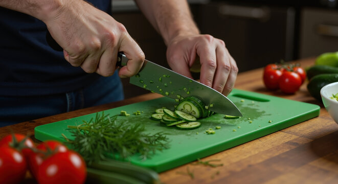 Man slicing fresh cucumber with knife on green cutting board. Close-up of hands preparing healthy meal in kitchen. Healthy eating and food preparation concept