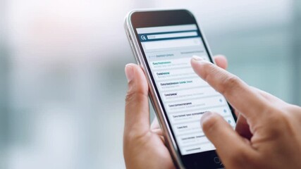 Hand holding smartphone browsing internet application, finger touching screen close up, modern mobile phone technology usage, online communication lifestyle, business work productivity, digital connec - Powered by Adobe
