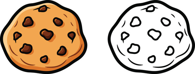 Chocolate chip cookie illustration set, full-color and outline versions, dessert theme, coloring activity, vector clipart, children’s design asset