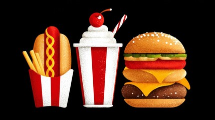 Cartoon of a hot dog, a hamburger, and a milkshake. The hot dog is in a bun with mustard and ketchup, the hamburger is topped with cheese and lettuce