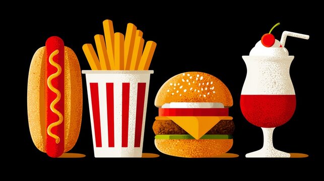 Cartoon of a hot dog, french fries, a hamburger, and a milkshake.