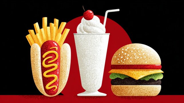 Hot dog, a hamburger, and a milkshake are displayed on a red background. The hot dog is topped with mustard, and the hamburger has lettuce and tomato on it - Powered by Adobe