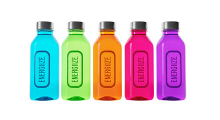 Five bottles of colorful energizing drinks isolated on transparent background