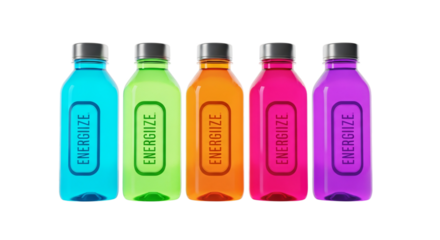 Five bottles of colorful energizing drinks isolated on transparent background