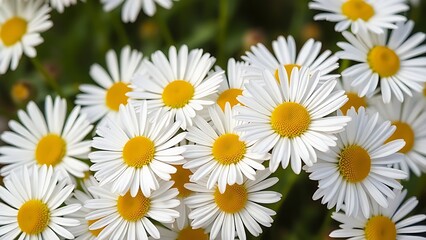 Obraz premium Cluster of fresh daisies with white petals and yellow centers in soft directional light.