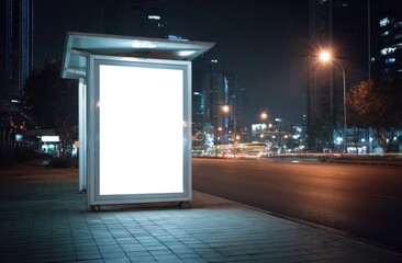 Empty illuminated billboard on city sidewalk at night with streetlights and buildings