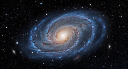 Fototapeta premium A magnificent spiral galaxy spinning in the vastness of deep space, surrounded by cosmic dust and distant stars. An awe inspiring celestial scene.