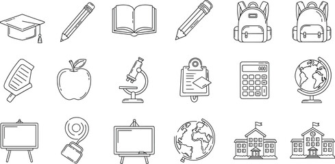 Education line icons, school learning symbols, academic illustration, classroom tools, study and knowledge vector set, teaching, university, student, science, creative design
