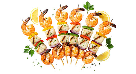 Skewers of grilled shrimp and fish with lemon and parsley isolated on transparent background