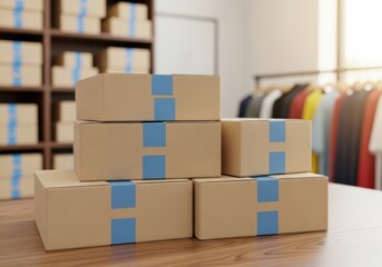 Obraz premium Cardboard boxes stacked on a wooden table in a warehouse with clothes rack in the background