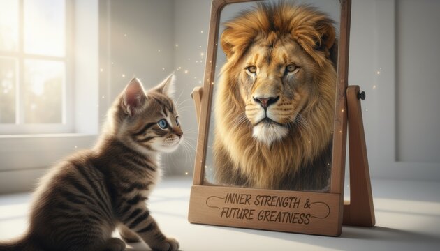 Inspirational concept of self belief with kitten looking into mirror seeing lion symbolizing confidence, ambition and inner strength