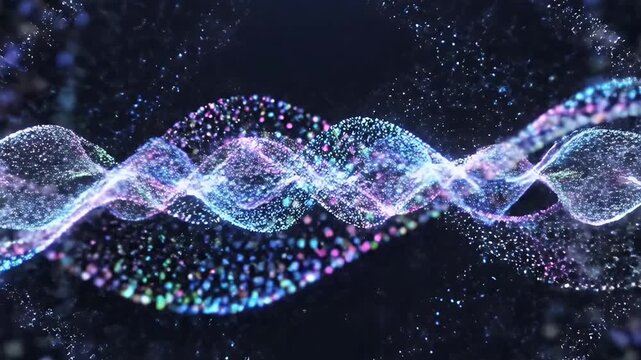 This mesmerizing abstract background features a dynamic interplay of glowing blue and purple particle strands. The digital particles move with fluidity, forming intricate patterns that first interlace