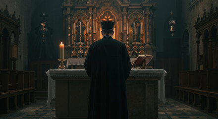 Naklejka premium Priest from behind stands at altar in dimly lit historic church. Solemn religious ceremony with candlelight. Faith, devotion, and spiritual worship concept