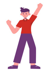 Colorful cartoon character joyfully raises arms, symbolizing achievement and positivity.