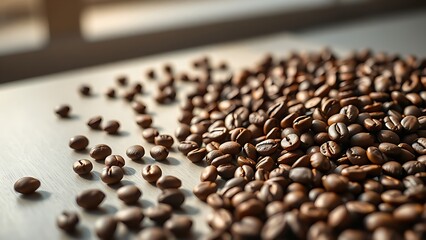 Freshly roasted aromatic coffee beans scattered on a modern surface in a warm, close-up view.