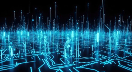 Explore a vibrant, glowing network of futuristic connections illuminating data streams and cutting edge technology in the digital realm for modern innovation