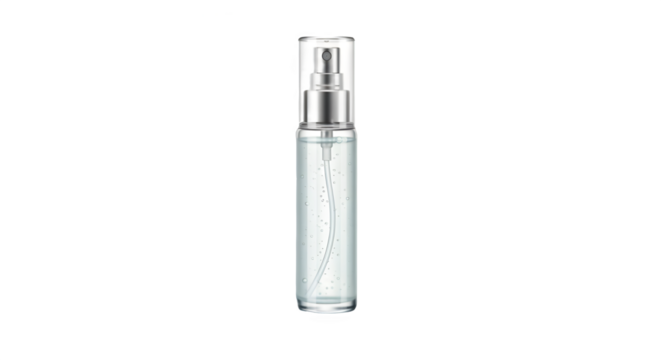 Travel size clear glass spray bottle for perfume or cosmetic liquid product packaging mockup. isolated PNG with Transparent Background