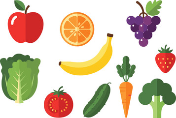 Fresh fruits and vegetables illustration with apple, orange, grapes, lettuce, banana, strawberry, tomato, cucumber, carrot, broccoli, healthy food vector design