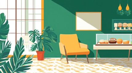 Cozy cafe interior with plants and pastries. Possible stock photo use showcasing a relaxing cafe atmosphere