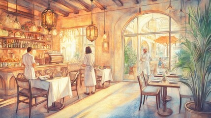 Sunny cafe interior, staff serving, patio view, fine dining experience