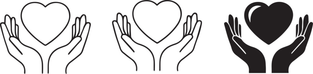 Three stylized heart icons held gently in open hands representing care compassion and love