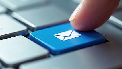 Digital communication and contact concept. Finger pushing a blue computer keyboard key with an email envelope icon.