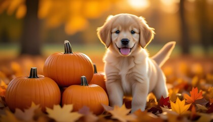 Cute Puppy with Pumpkins in Autumn Park - Adorable Labrador Puppy - 300 DPI. Sweet Golden Retriever Puppy. Perfect for greeting cards, festive posters, or pet-themed designs. AI generated image