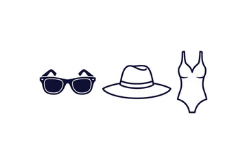 Simple black clip art vector of sunglasses hat and beachwear elements