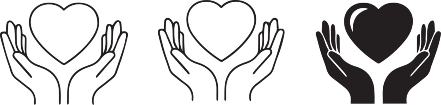 Three stylized heart icons held gently in open hands representing care compassion and love