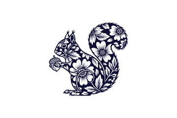 Charming squirrel holding nut with bold floral pattern for decorative designs