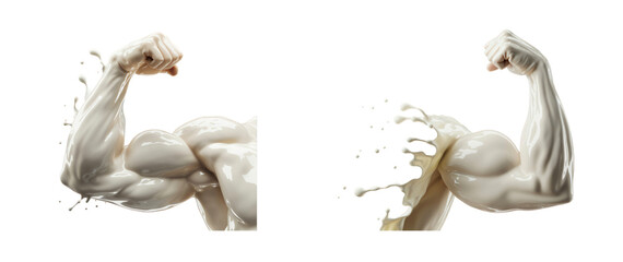 Two muscular arms made of milk flexing against a stark shot on transparent background