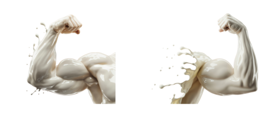Two muscular arms made of milk flexing against a stark shot on transparent background