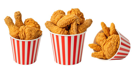 Buckets of crispy fried chicken pieces, including drumsticks and wings, isolated on transparent background